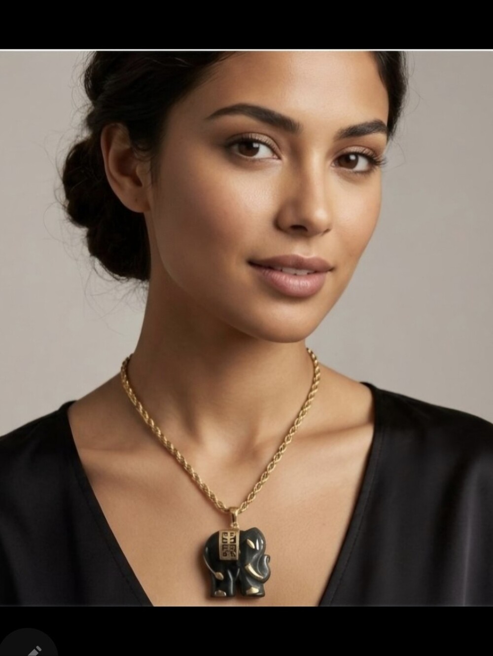 Black Jade 10k Trim Lucky Elephant Rope Necklace Bonus